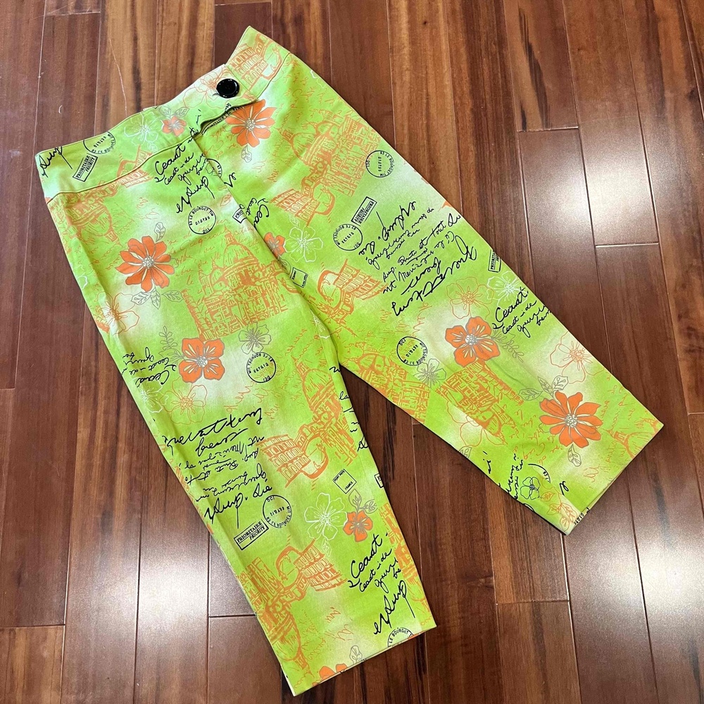 Sharon Endick Lime Green Pants Graphic Print Stretch Straight Crop Art Wear Sz 8